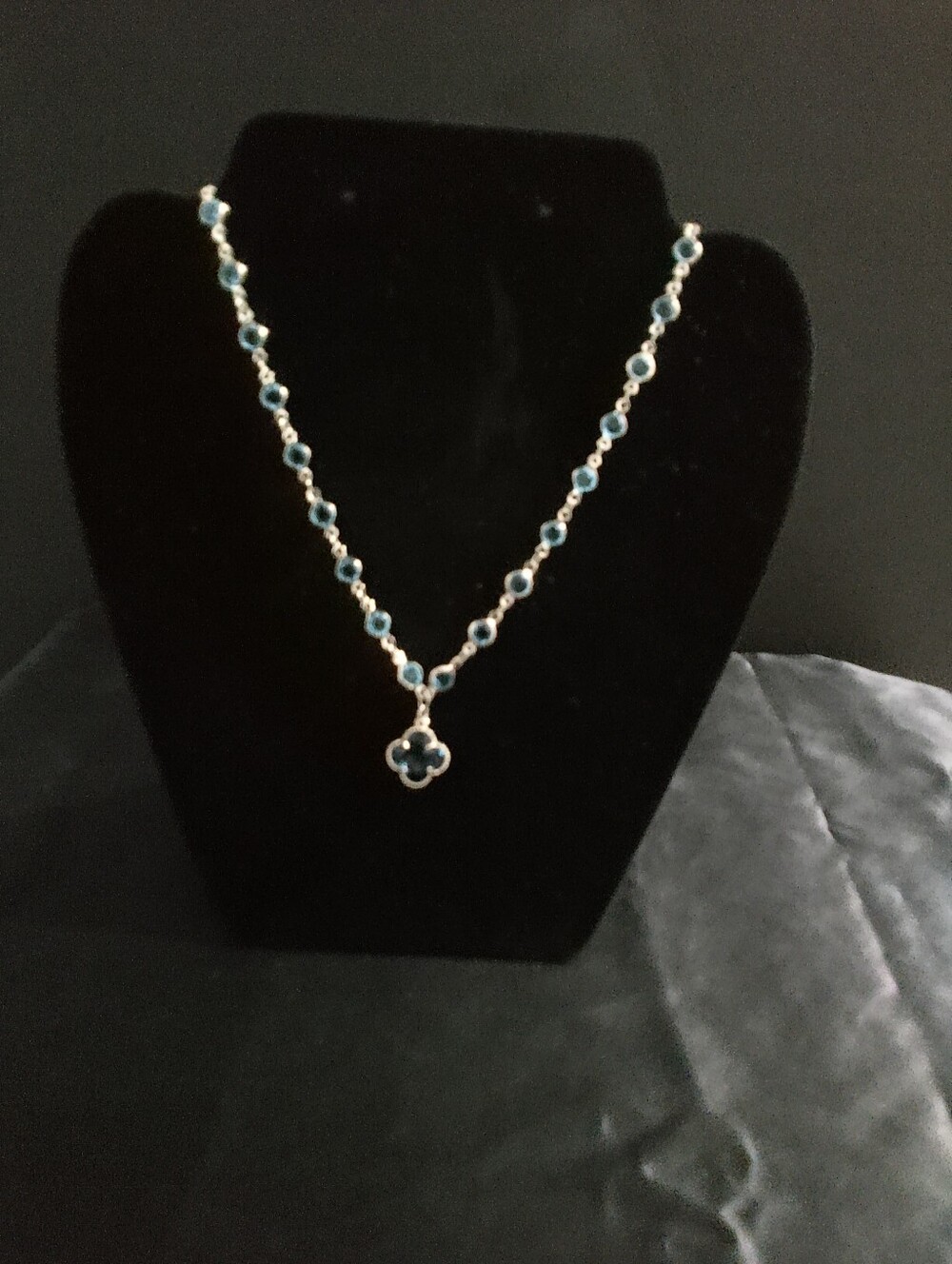 White Gold Filled Blue Beaded Clover Pendant Necklace